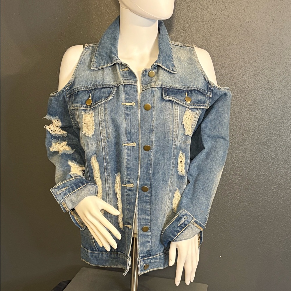 Distressed Denim Jacket Cutout Shoulder Sz Medium
